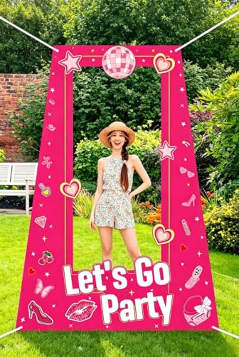 Tall Life Size Hot Pink Girls Photo Booth for Girls Birthday Party Photoshoot Princess Doll Lets Go Bachelorette Theme Party Decorations Girl Birthday Party Supplies Favors (4.9 Ft x 3.2 Ft)