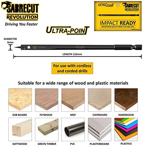 5 x SabreCut SCRIW06_5 6mm x 152mm Impact Rated Flat Wood Spade Bits Compatible with Bosch Dewalt Makita Milwaukee and Many Others