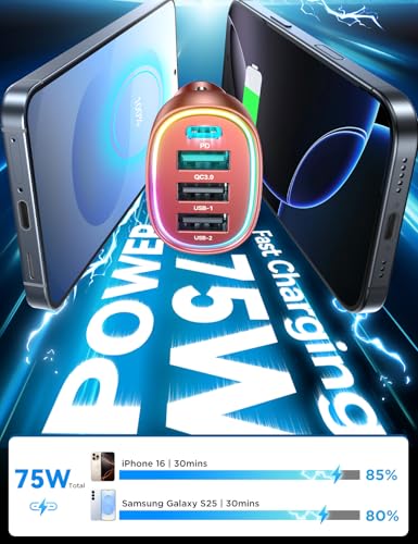 75W Car Charger USB C, 4 Port Super Fast Cigarette Lighter USB Charger, Type C 60W & QC 3.0 Multiport Car Phone Adapter Accessories for iPhone 17/16/15/14/13/12 Pro Samsung S26 Series, Android, Red — view 2