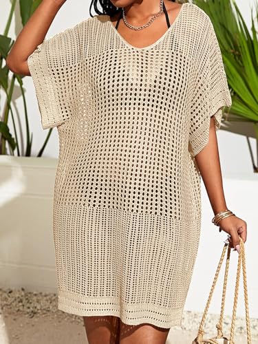 Womens Suimsuit Cover Up Short Sleeve Hollow Out Swimwear Coverup Bathing suit Knit Beach Tops2
