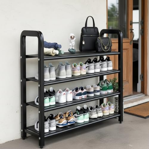 EXVITO Metal Shoe Rack for Home - Adjustable & Stackable Waterproof Open 4-Tier Shoe Rack for Closet Entryway, Bedroom, Outdoor, DIY Multi-Purpose Carbon Steel Shoe Stand - Black