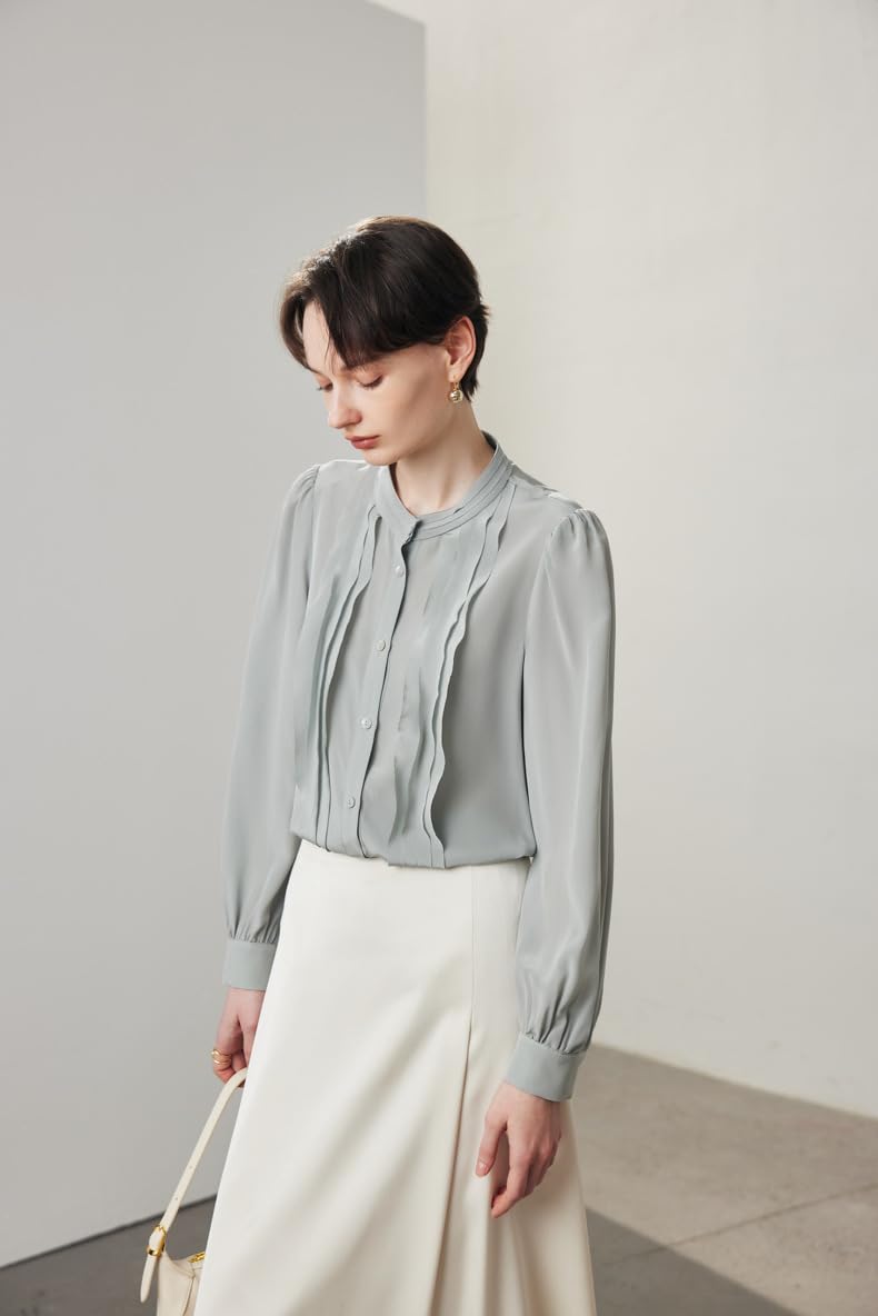 Donna Blusa da Ufficio in Seta a Maniche Lunghe con Collo Alto