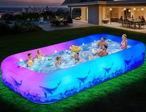 Large Inflatable Swimming Pool with Light 12FT X 6.2FT Solar Blow Up Pool Inflatable Pool for Kids Adults Durable Thickened 7 Color Family Kiddie Pool for Backyard Outdoor