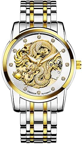 Weicam Mens Luxury Mechanical Skeleton Automatic Self-Winding Stainless Steel Lumious Watch Dragon Carved Dial Diamond Business Watches Waterproof Wristwatch