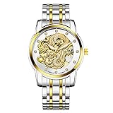 Weicam Men's Luxury Gold Dragon Carved Dial Diamond Automatic Skeleton Mechanical Watch Casual Waterproof Stainless Steel Band Quartz Sport Wristwatch (Silver)