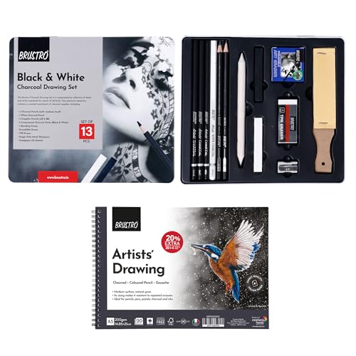 Image of BRUSTRO Black White Charcoal Set of 13 Pcs in a Metal Box With Artist's Drawing Wiro Pad, 200 GSM, A5, 24 Sheets | Ideal For Sketching, Shading, Portrait,Landscape,Fine Art and Professionals