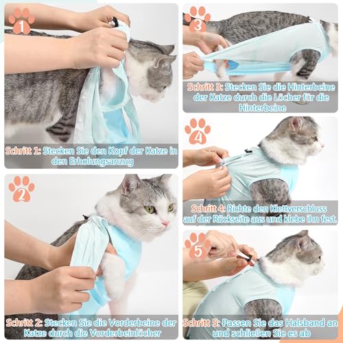 Eyein Katzenbody nach OP, Atmungsaktiver bequemer Erholungsanzug Anti-leckende Katzen-Operationsanzug mit Mesh Design für Katze Body Operation - Katzen Kätzchen E-Halsband Alternative (Hellblau, S)