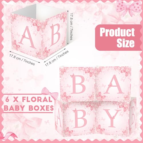 Image of Bucherry 6 Pcs Baby Shower Centerpiece Boxes with 'baby' Letters Flower Boxes Tables Decoration for Girl Baby Shower, Birthday, Gender Reveal Party Favors(Pink,Pink Bow)