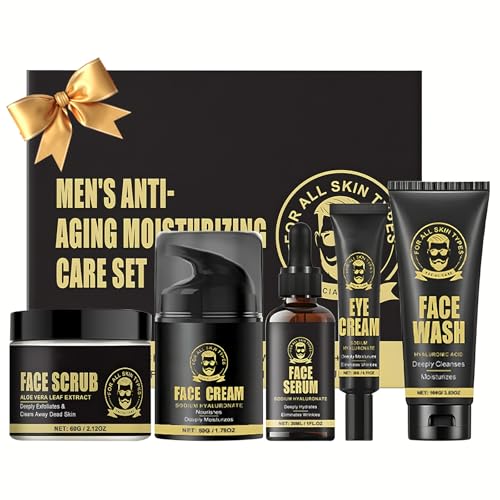Herren Hautpflege Set, Anti-Aging Gesichtspflege Set mit Reiniger, Facial Scrub, Serum, Augencreme, Gesichtscreme, Skincare Kit Geburtstag Vatertag Geschenke für Männer (5 Stück)
