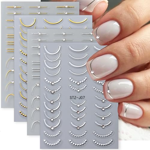 4 Sheets French Tip Nail Art Stickers 5D Simple Gold Silver Line ...