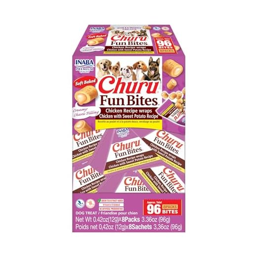 INABA Churu Fun Bites for Dogs, Soft & Chewy Baked Chicken Wrapped Filled Dog Treats with Vitamin E, 0.42 Ounces per Tetra, 8 Tetras per Box, Chicken with Sweet Potato Recipe