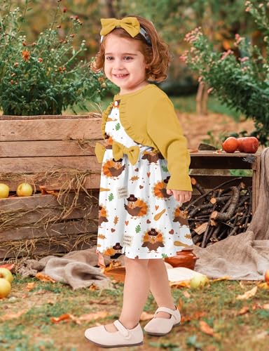 Toddler Girl Dresses 1-5T Faux Two-Piece Bowknot Cardigan Dress with Hairband3