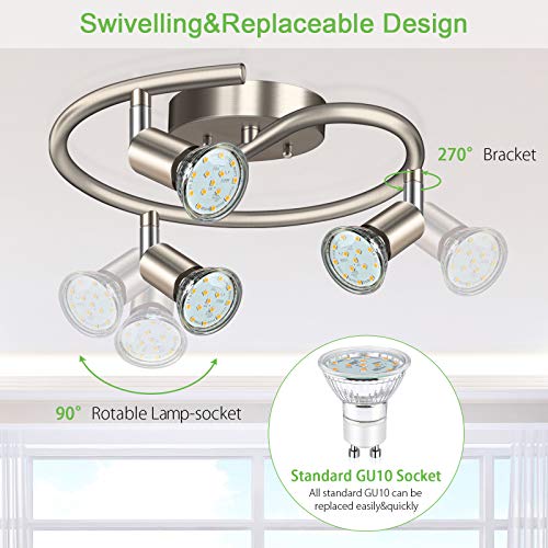 Unicozin 3-Light Spiral LED Track Lighting Kit, Matt Nickel 3 Way Ceiling Spot Lighting, Included 3 x GU10 LED Bulbs (4W, Warm White 2700K, 400LM, Non-Dimmable), Rotatable Light Head Track Light
