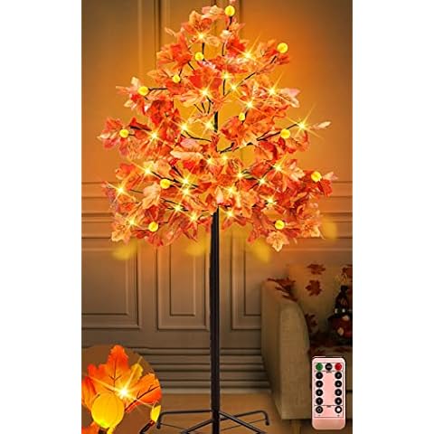TURNMEON 6 Ft Lighted Prelit Maple Tree Thanksgiving Decor 120 Warm White LEDs Pumpkin Lights Timer 8 Modes Remote Control Home Indoor Outdoor Autumn Fall Decorations Artificial Tree Harvest Cover