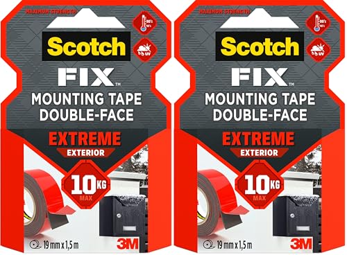Scotch FIX Extreme Doppelseitiges Montageband für den Außenbereich – 1 Rolle (19 mm x 1,5 m) – Extra stark, wetterfest & temperaturbeständig – Hält bis zu 10 kg – Kein Bohren nötig (Packung mit 2)