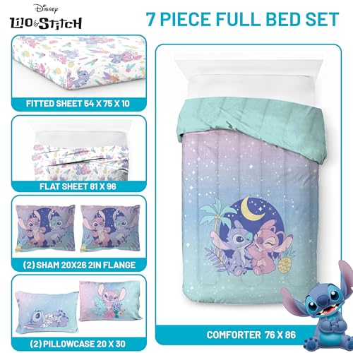 Image of Disney Lilo and Stitch Full Comforter Set 7 Piece Kids Bedding, Multi | Bed in a Bag, Comforter Sheets Shams Pillowcases, Official Brand, Soft Microfiber, Machine Washable, Girls Gift