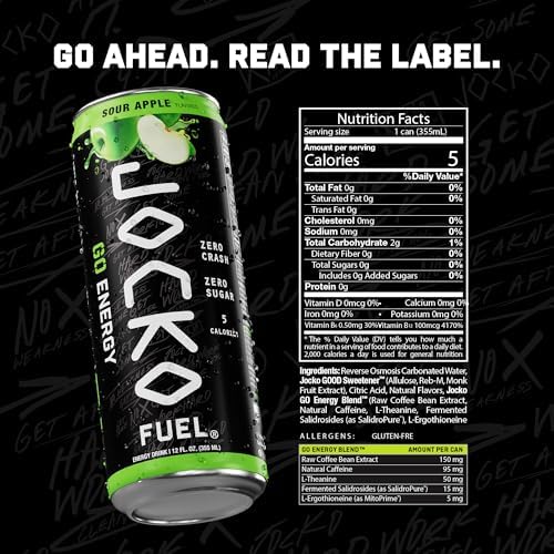 Image of Jocko Fuel GO Energy Drinks, Sour Apple - 95mg Caffeine with Added Adaptogens, Vitamin B12 & B6, & L Theanine for Mood & Focus Support, No Sugar, 12 Pack - Packaging May Vary