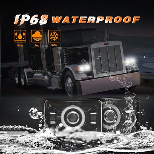 Image of 4x6 LED Headlights [DOT Approved] with Halo Red DRL Amber Turn Signal Light [High Low Sealed Beam] Compatible for Peterbilt 379 Kenworth T800 T600 Freightinger Ol-dsmobile Trucks