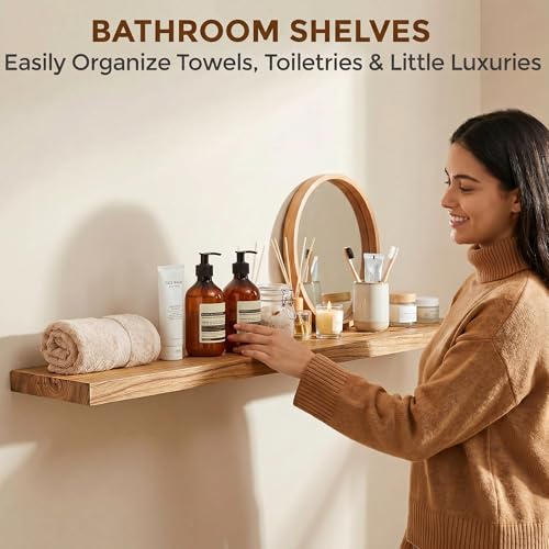Image of Dreamland 55 Inch Floating Shelves for Wall, Solid Elm Wood Wall Shelves for Living Room, Bedroom, Kitchen, Bathroom, Wall Mounted Long Floating Shelf Set of 1, Natural