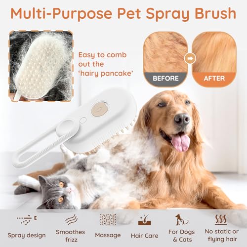 Image of GKZ Cat Steam Brush, 3 in 1 Pet Comb for Massage, Cleaning, Shedding and Combing, Electric Mist to Prevent Flyaways for Home, Dogs and Cat Lovers - White