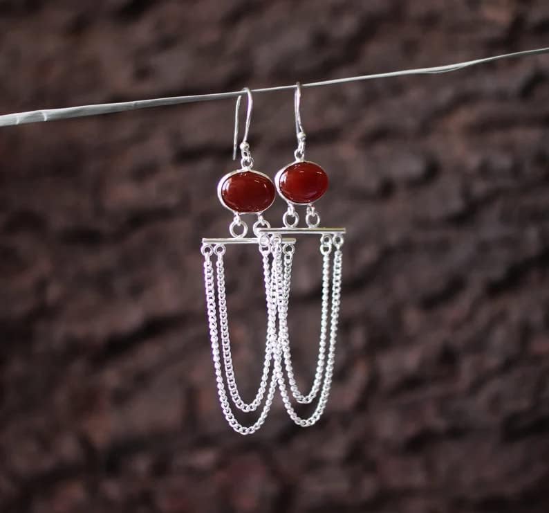 Carnelian Earrings, 925 Sterling Silver, Drop & Dangle Earrings, Chain Drop Earrings, Bridal Earrings, Handmade Jewelry, Wedding & Engagement Earrings, Gothic Earrings, Jewelry, Birthday Gift Earrings