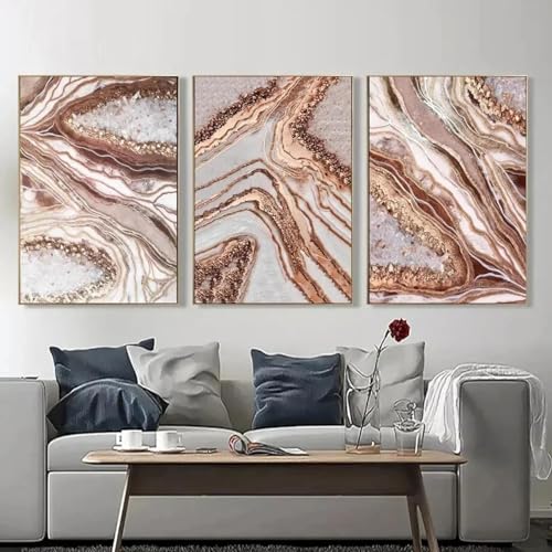 Peinture murale abstraite affiches et gravures triptyque bleu rose or 60x90