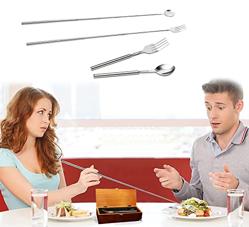 Funny Gag Gift Long Handle Extendable Fork & Spoon Set, Stocking Stuffer, Telescopic Extendable Dinner BBQ Stainless Steel Flatware Cutlery Dad, Fun Grilling Parties - Extends 25
