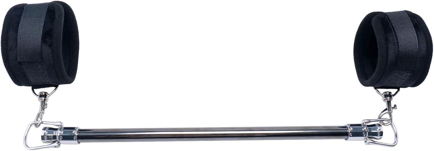 Fixed Spreader Bar Stainless Steel Silver Bar with 2pcs Furry Black Adjustable Straps,Sports Aid Training Fitness Gear Pilates Aid Kit, Home Restore Pilates Indoor Yoga Set
