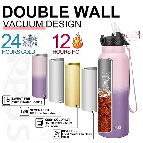 GOPPUS 750ml/26oz Stainless Water Bottle with Straw Double Wall Insulated Bottles with Strap Reusable Vacuum Thermal Flask Leakproof Keep Cold Drinks Bottles with Flip Top Lid for Men Women BPA Free - Image 2
