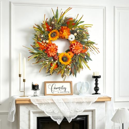 Image of Artificial Fall Wreaths for Front Door 24 Inch Harvest Autumn Leaf Wreath | Realistic Fall Door Wreath with Sunflowers,Dahlias,Pumpkins & Berries-Indoor Outdoor Thanksgiving,Halloween,Porch,Wall Decor