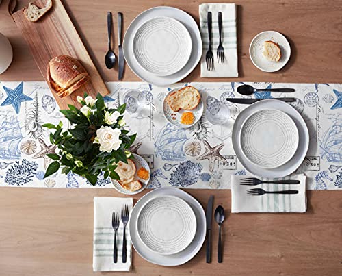 Beach Coastal Nautical Table Runner 36 Inches Small Cotton Linen Tablerunner Dresser Scarves,Undersea Shell Starfish Coral Hippocampus Boat Burlap Runner Nautical Decor for Dinner/Coffee/Party/Wedding - Image 4