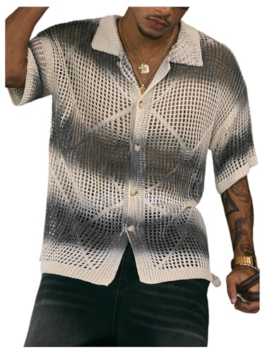 Verdusa Men's Hollow Out Colorblock Lightweight Sweaters Button Down Collared Knit Tops