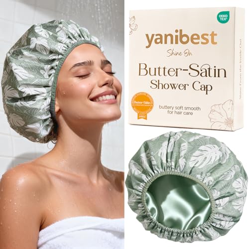 Yanibest Shower Cap for Women - Hair Satin Bonnet Shower Cap Waterproof Large Double Layer Reusable with Soft Elastic Band for Braids Long Hair