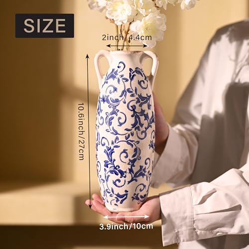 VICTOR & TERESA Blue and White Floor Vase for Pampas Grass, 11'' Tall Vase for Home Decor, Ceramic Farmhouse Decorative Large Vases for Flower, Mantel, Living Room, Shelf, Centerpieces, Gift for Mom - Image 4