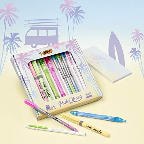BIC Pastel Dream Kit - 3 Gel Pens/4 Felt Writing Pens/4 Highlighter Pastel Pens/4 Ball Pens/1 Notepad - Gift Box of 16, turquoise
