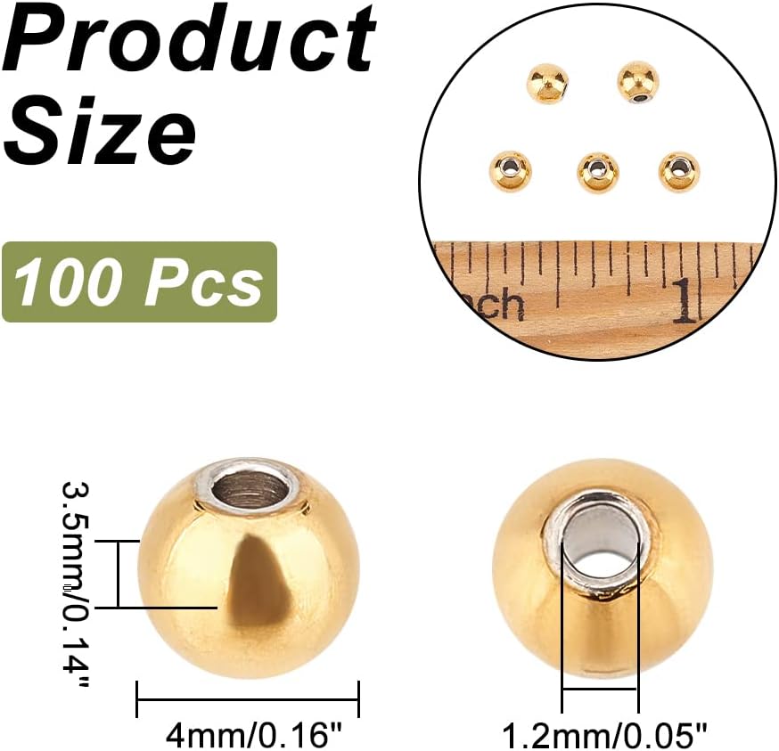 NBEADS 100 Pcs 304 Stainless Steel Round Beads, 4mm Metal Spacer Beads Golden Beads Smooth Loose Beads for DIY Bracelet Necklace Earring Jewelry Making, Hole: 1.2mm - Image 3