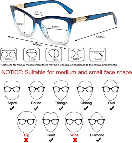 Image of Bevi Reading Glasses Anti Eyestrain Blue Light Blocking Large Square Oversize Frame with Metal Hinge for Women and Men