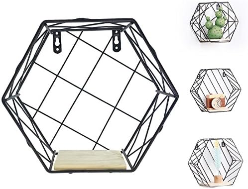 Alrsodl Iron Art Black Hexagon Geometric Grid Wall Mount Decoration Kitchen Living Room Storage Wire Basket Rack