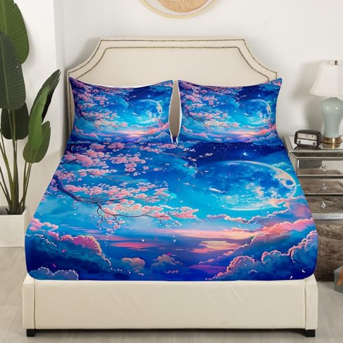 Drap-housse fleurs de cerisier rose pour grand lit Manfei