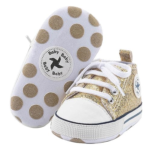 Baby Boys Girls Star High Top Sneaker Soft Anti-Slip Sole Newborn Infant First Walkers Canvas Denim Shoes (12cm, B-Gold, 6_Months)