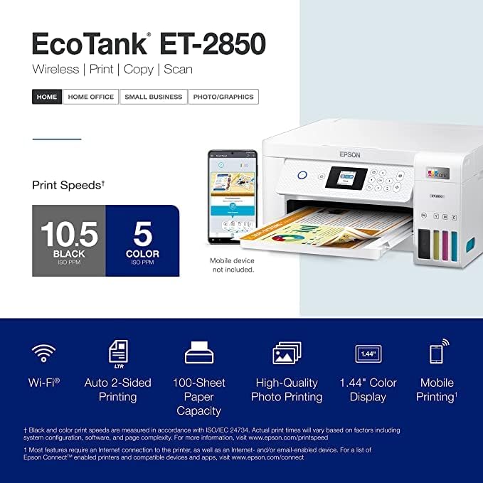 Epson EcoTank ET-2850L Wireless Color All-in-One Printer, Print Scan Copy, 1.44