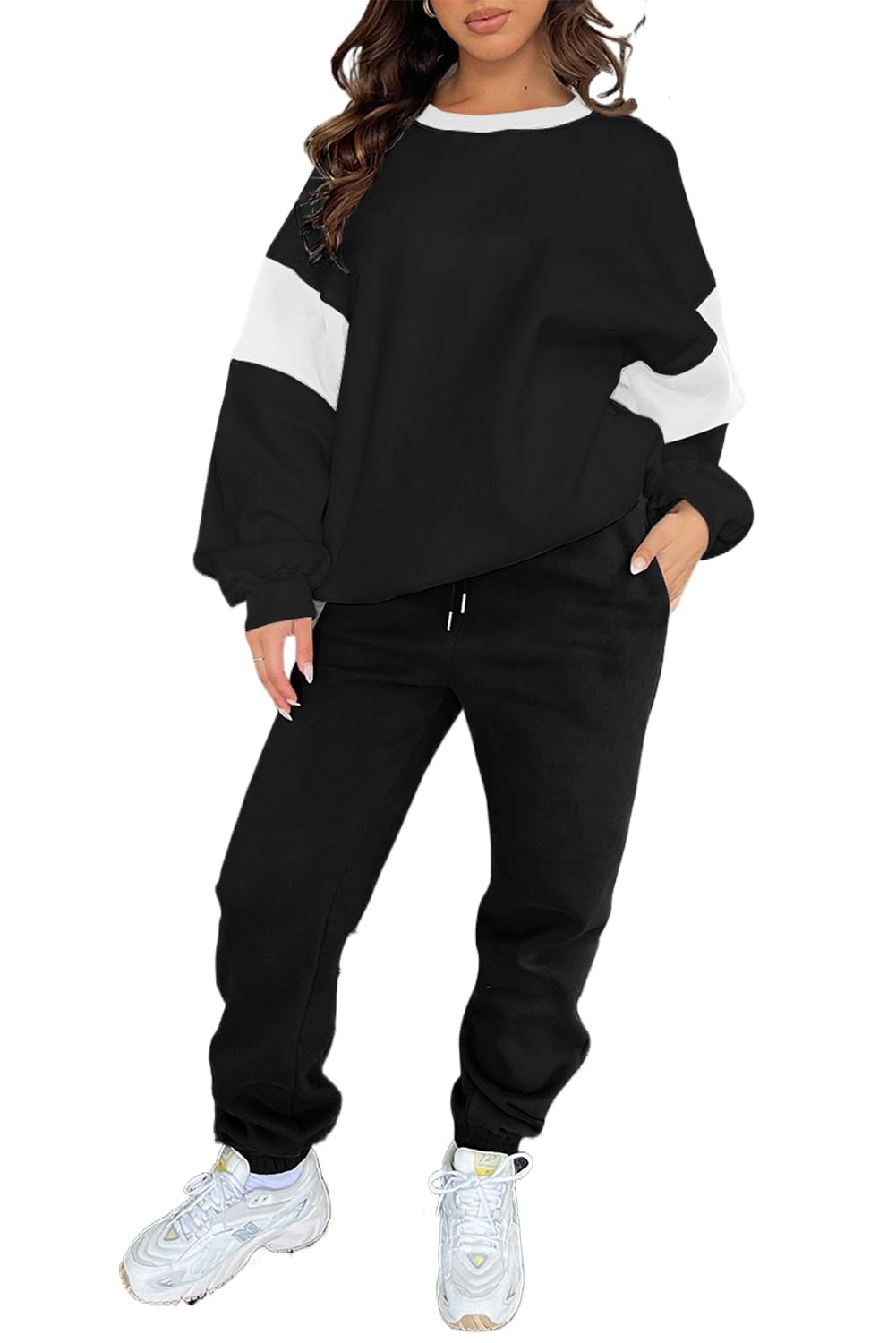 Womens Black Drop Shoulder Loose Sweatshirt and Joggers Active Set for Fall