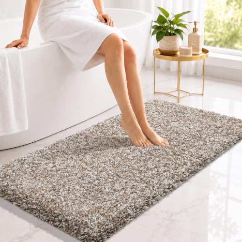 Yimobra Bathroom Runner Rug 47x24, Non Slip Washable Bath Mat, Brown&White