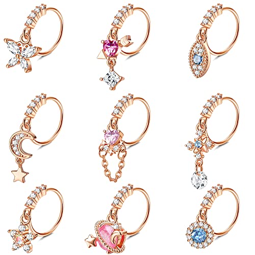 Kakonia aros colgantes para la nariz de 20 G para mujer, mariposa, corazón, flecha, mal de ojo, luna, estrella, circonita cúbica, pendientes de cartílago, joyería para piercing de nariz, oro rosa