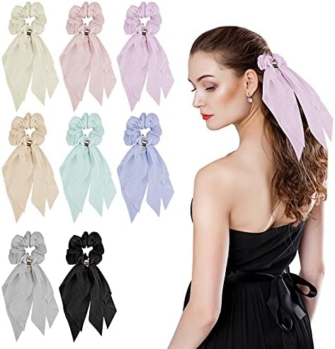 Molain 8Pcs Silk Satin Hair Scarf Scrunchies Soft Chiffon Hair Scarves Hair Ties Bowknot Elastic Hairbands Ribbon Bow Scrunchie Ponytail Holder Headband Scrunchy For Women Girls