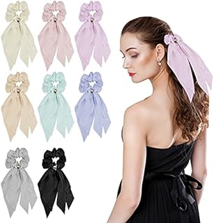 Molain 8Pcs Silk Satin Hair Scarf Scrunchies Soft Chiffon Hair Scarves Hair Ties Bowknot Elastic Hairbands Ribbon Bow Scrunchie Ponytail Holder Headband Scrunchy For Women Girls