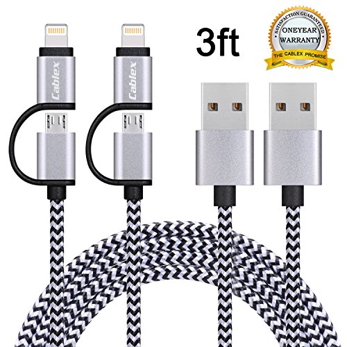 Cablex 2 Pack 3FT 2in1 Lightning and Micro USB Cable Nylon Braided Sync and Charging Cable Cord Compatible with iPhone 7/7Plus/6s plus/6s/6 plus/6/5s/5c/5, iPad /iPod, Samsung, HTC, and More(Black)