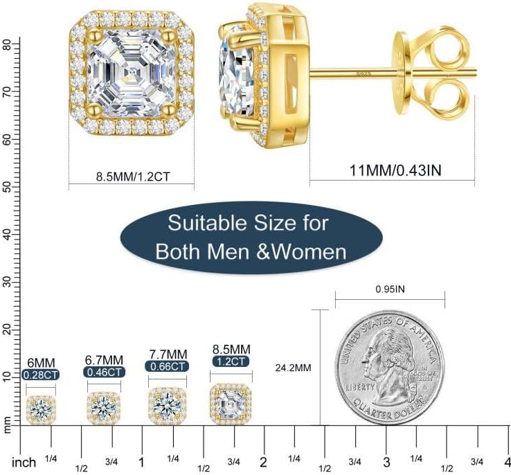 Gold Moissanite Earrings Asscher Stud 1 Carats Square Halo Moissanite Stud Earrings, D Color VVS1 Simulated Diamond 925 Sterling Silver Earrings For Women Men - Image 6