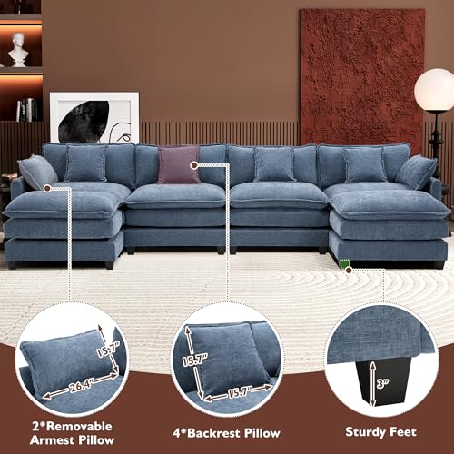 Image of Ihanherry 146 inch U-Shaped Modern Sofa Modular Sectional Cloud Couch with 2 Ottoman, 6-Seat Chenille Deep Seat Sofa with 6 Pillows for Living Room, Bedroom and Apartment, Blue