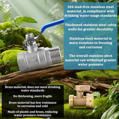 Garden Hose Shut Off Valve Full Flow Water Hose Shut Off Valve 3/4\'\'GHT Female to Male Lead-free 304 Stainless Steel Garden Hose Ball Valve Long Handle No Restricted-Flow Water Shut Off Connector